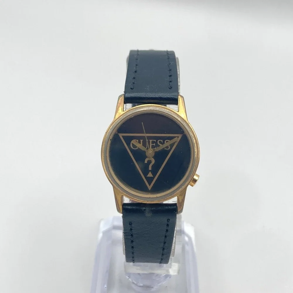 Vintage Guess Womens Watch 25mm Gold Tone Black Logo New Battery 7.75